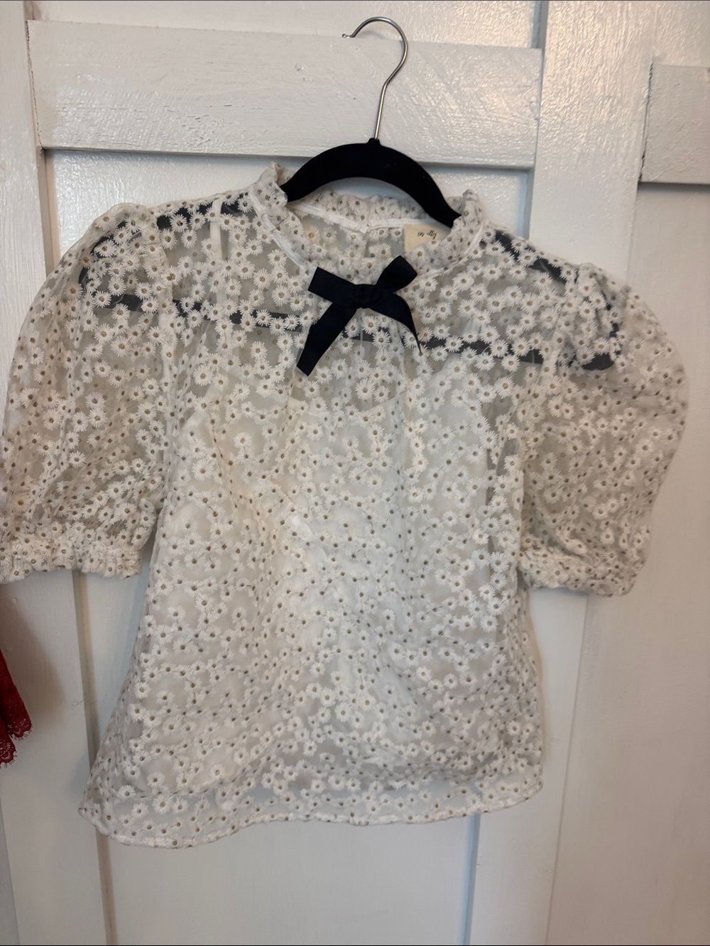 Floral Eyelet Puff-Sleeve Top with Bow - White